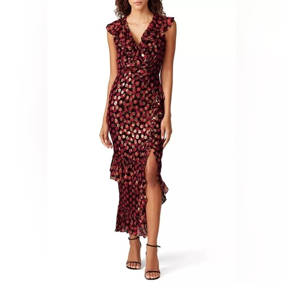 SALONI Printed Anita Dress in Red/Black/Gold Burnout Ruffle Size 2 - Picture 4 of 12